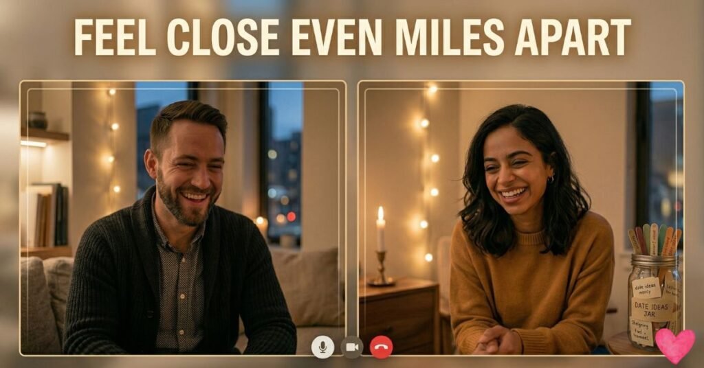 A long-distance couple smiling on a video call, feeling emotionally connected.