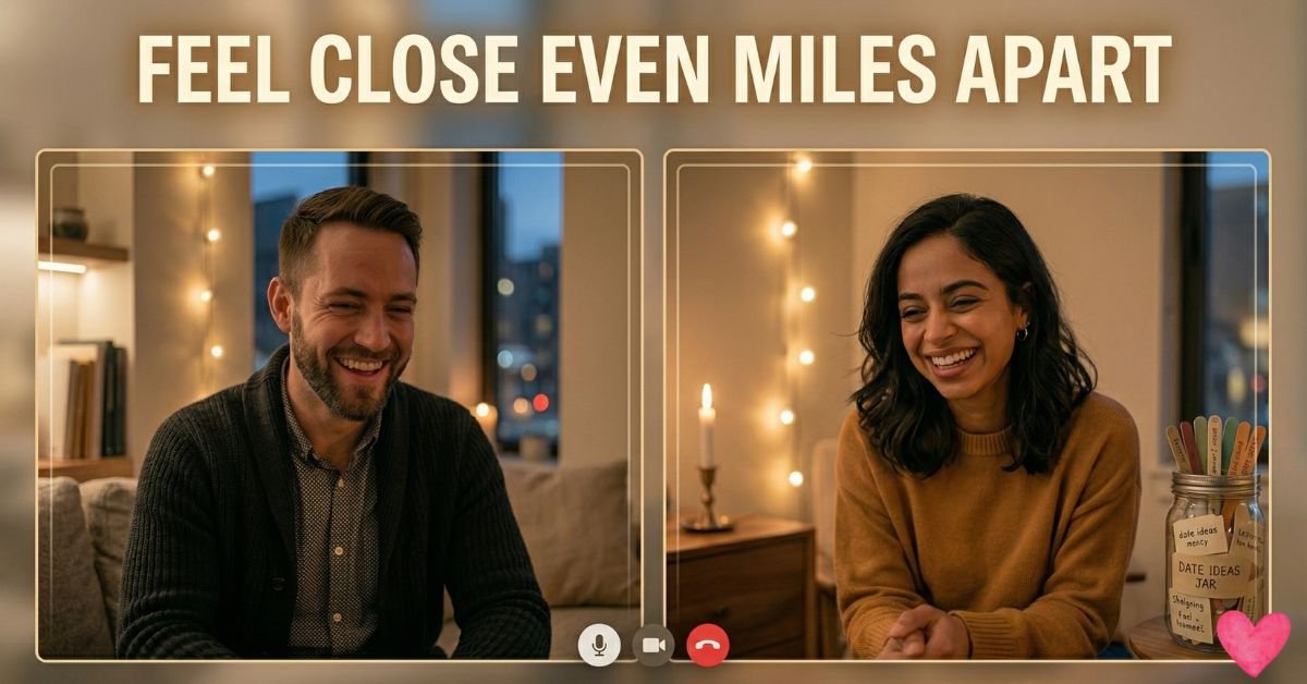 A long-distance couple smiling on a video call, feeling emotionally connected.
