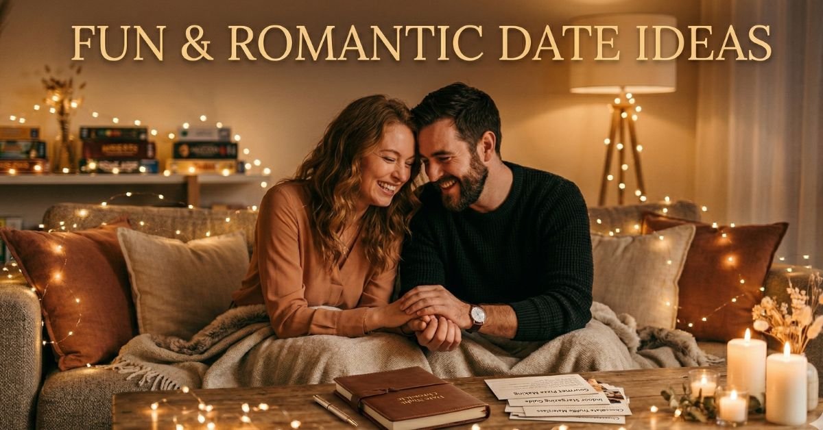 Romantic date night ideas at home with couple enjoying cozy candlelight evening and fun relationship activities