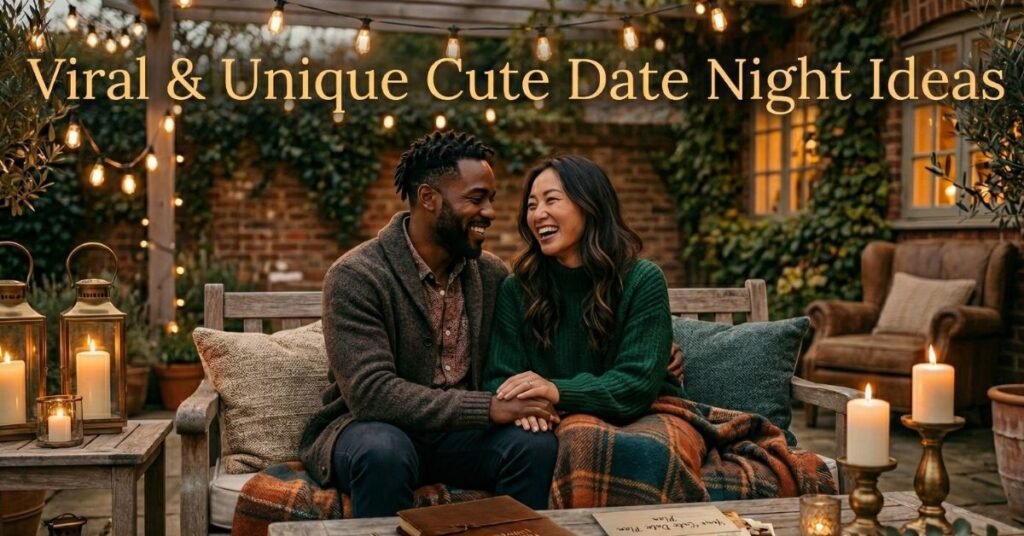 Cute date night ideas for couples, romantic outdoor evening setup with cozy lights, couple sitting together, warm and intimate mood.