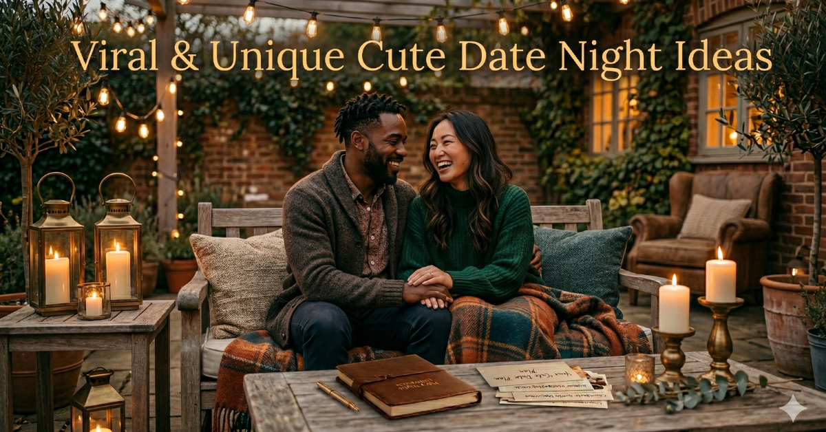 Cute date night ideas for couples, romantic outdoor evening setup with cozy lights, couple sitting together, warm and intimate mood