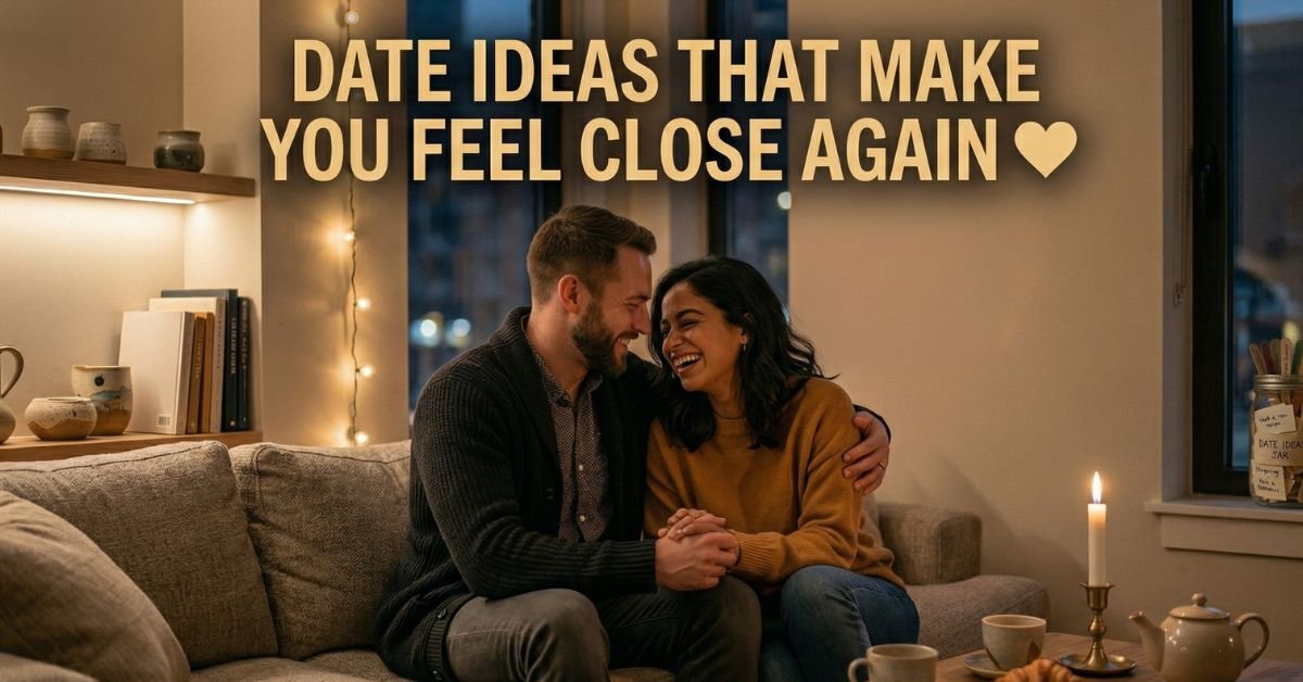 A married couple enjoying a cozy romantic date at home with warm lighting, showing emotional connection, and simple date ideas for couples.