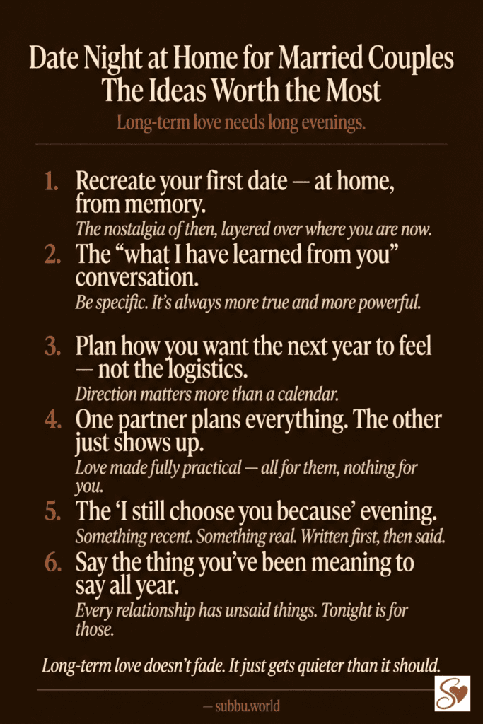 Dark romantic infographic showing 6 meaningful date night ideas at home for married couples including recreating the first date and saying the unsaid things