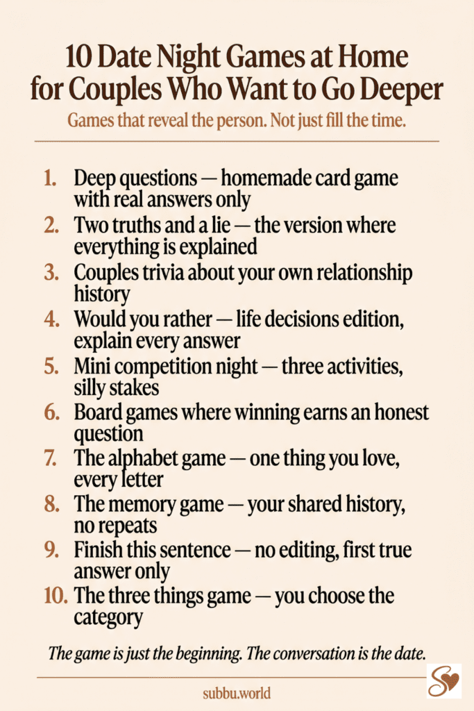 Infographic listing 10 date night games at home for couples including a deep questions card game, couples trivia, and the memory game