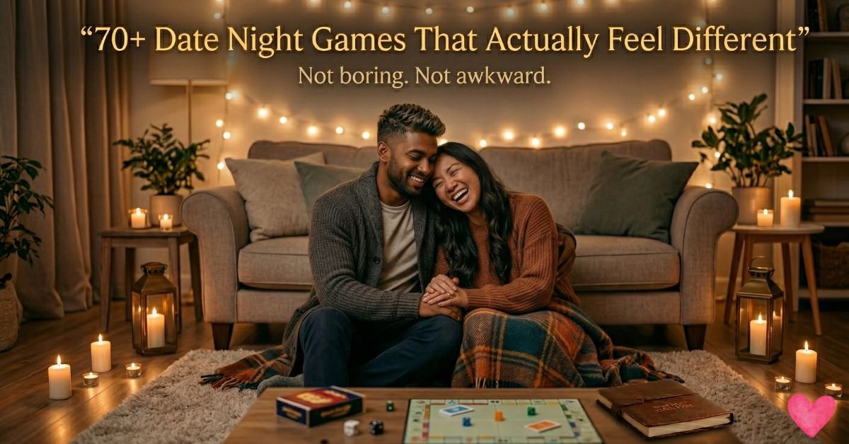 Romantic couple sitting on floor playing board game with candles and fairy lights during cozy date night games at home.