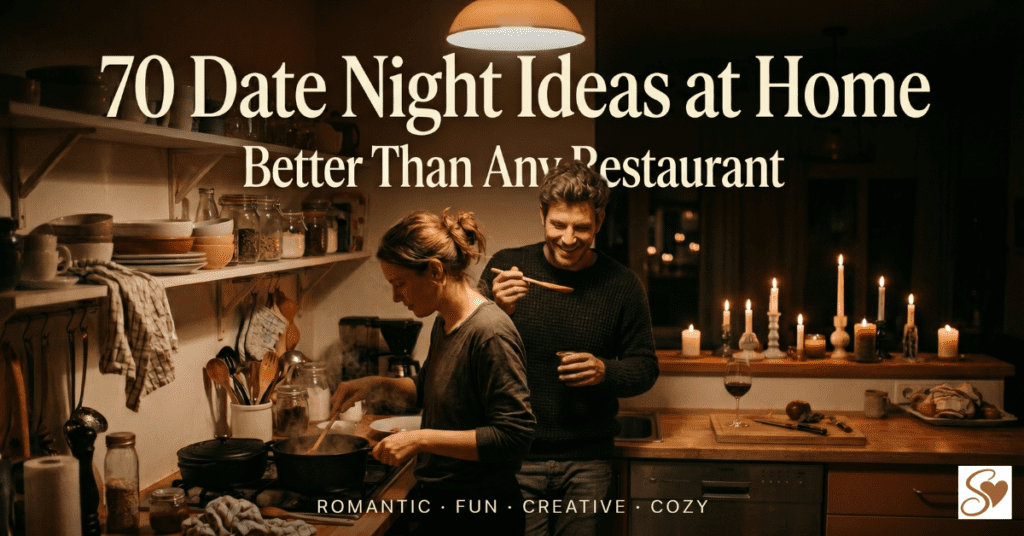 A couple cooking together at home for a fun and romantic date night in a warmly lit kitchen