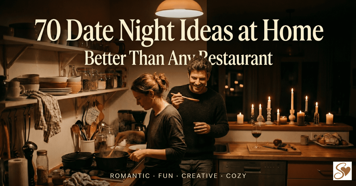 A couple cooking together at home for a fun and romantic date night in a warmly lit kitchen