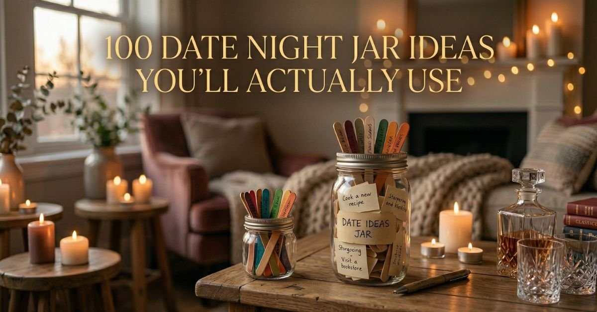 Mason jar filled with handwritten date night ideas for couples.