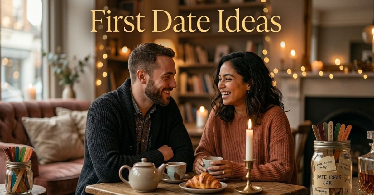 A couple enjoying a cozy first date with coffee and candles at home, sharing simple and romantic first date ideas.