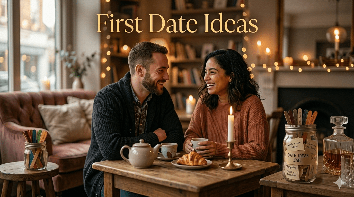 A couple enjoying a cozy first date with coffee and candles at home, sharing simple and romantic first date ideas.