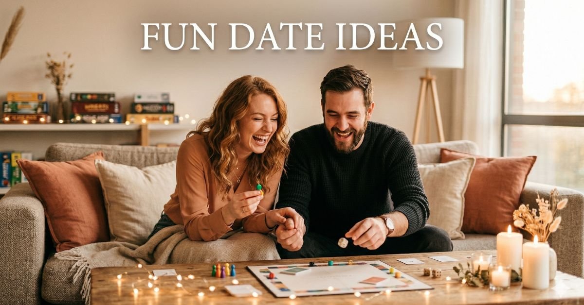 Fun date ideas for couples at home playing board game, happy couple laughing together in cozy indoor setting