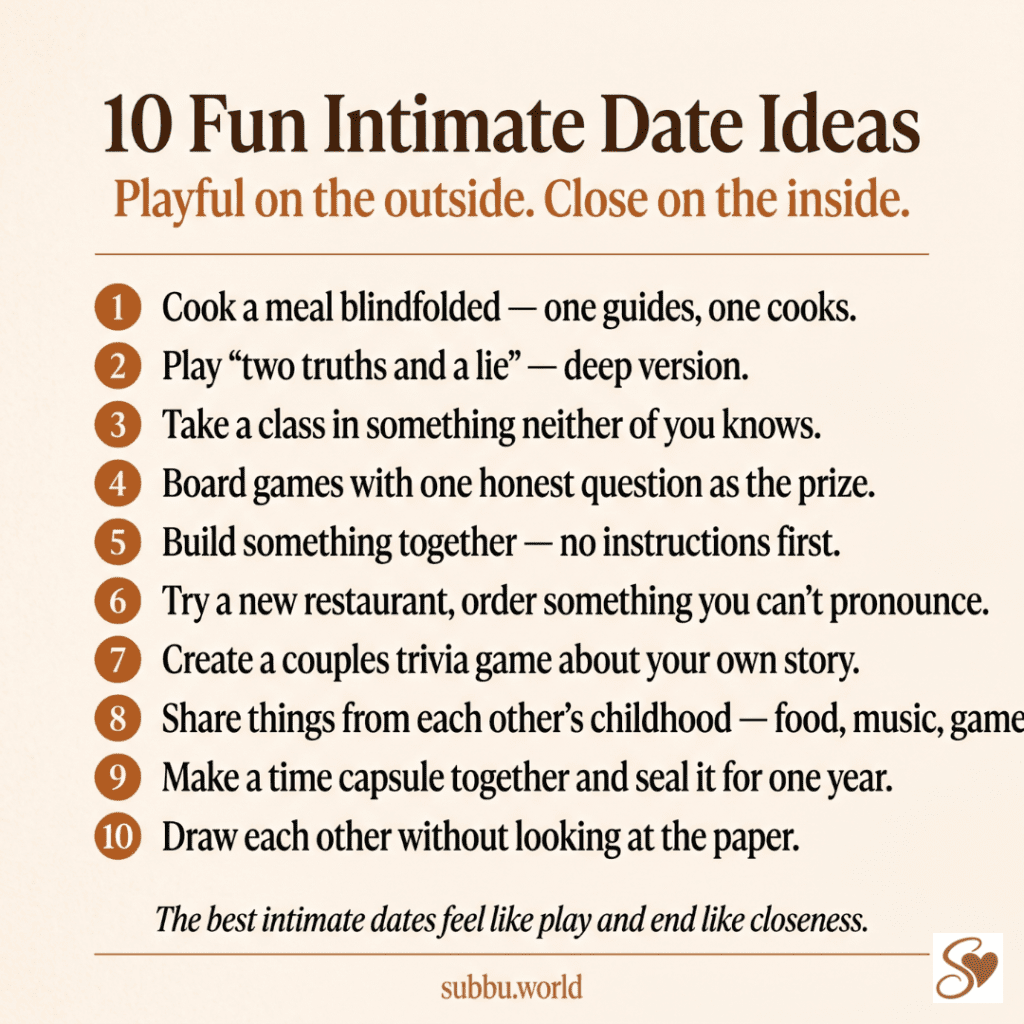 Infographic listing 10 fun intimate date ideas for couples including cooking blindfolded, couples trivia, and making a time capsule together