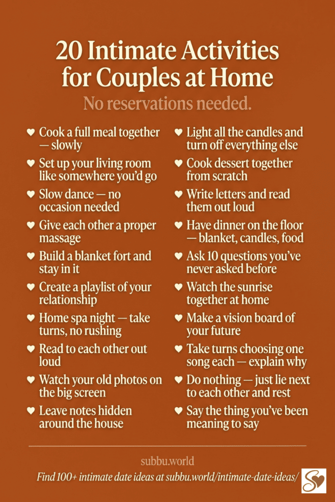 List of 20 intimate activities for couples at home including cooking together, slow dancing, home spa night, and leaving love notes
