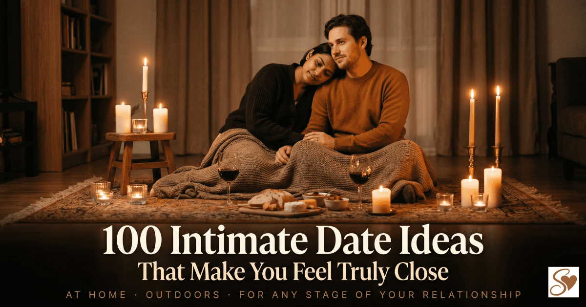 A couple sitting together on the floor surrounded by candlelight enjoying an intimate date night at home