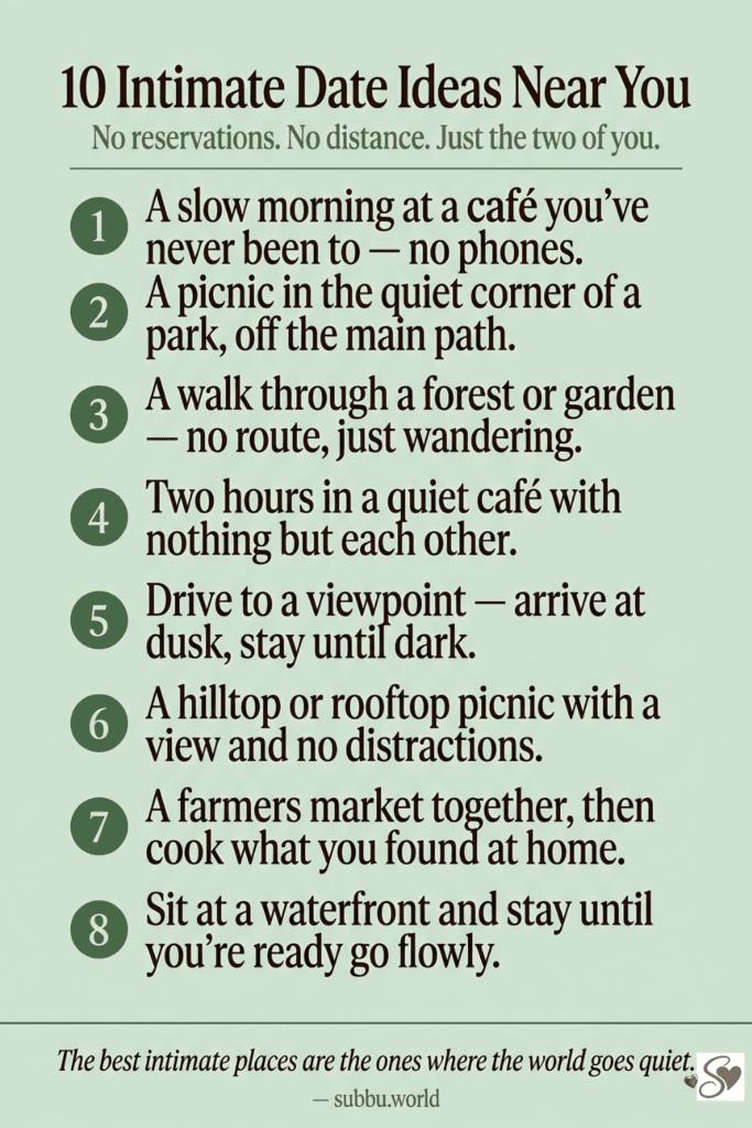 Sage green infographic listing 10 intimate date ideas near you including a picnic off the main path, stargazing, and a sunset drive to a viewpoint