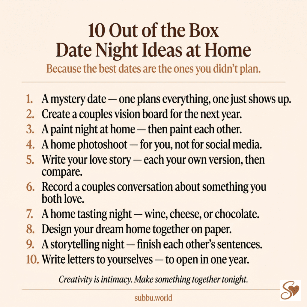 Infographic listing 10 creative and out of the box date night ideas at home for couples including a mystery date and couples vision board
