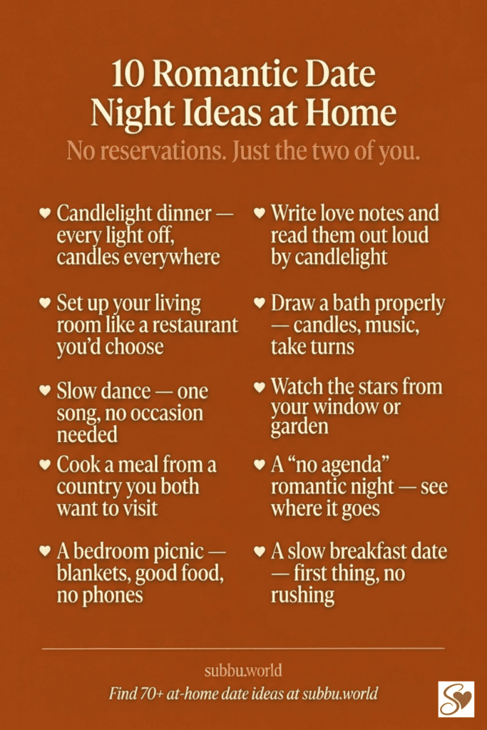 List of 10 romantic date night ideas at home including candlelight dinner, slow dancing, and bedroom picnic for couples