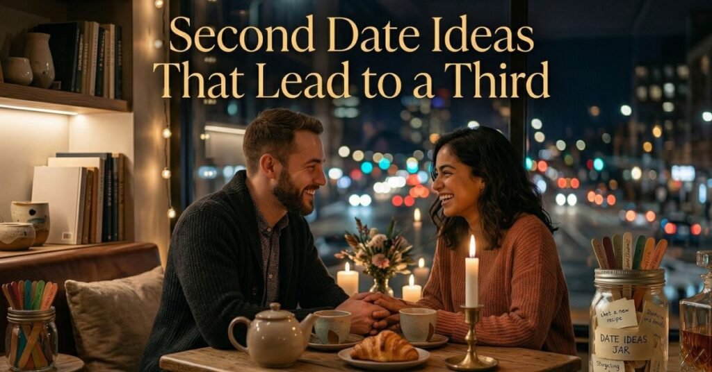 A couple enjoying a cozy second date at a café with warm lighting and a romantic atmosphere.