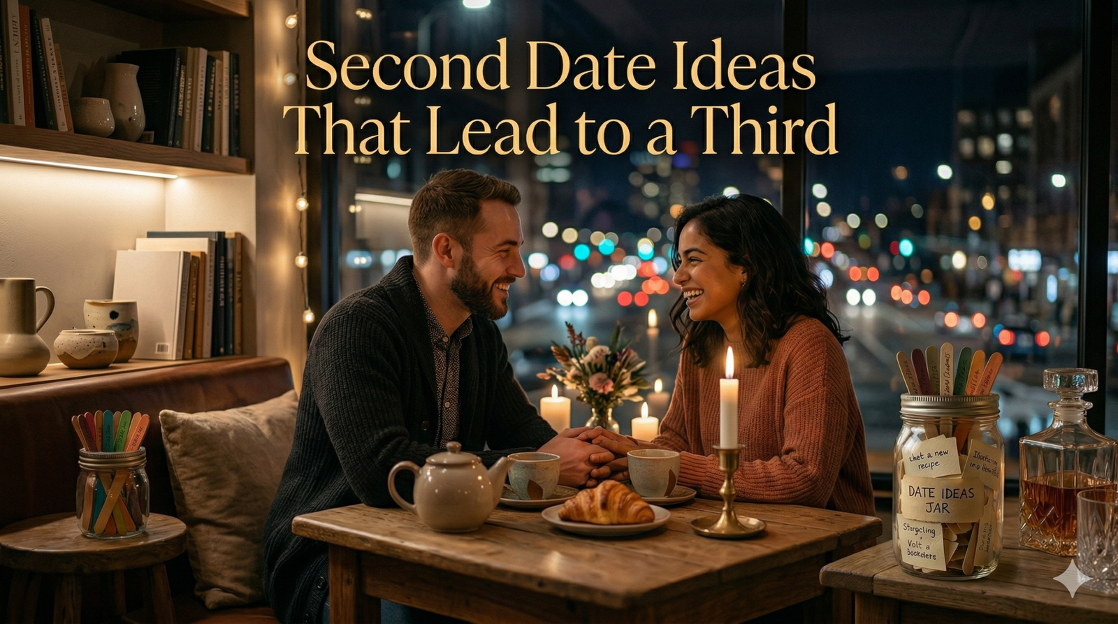 A couple enjoying a cozy second date at a café with warm lighting and a romantic atmosphere.