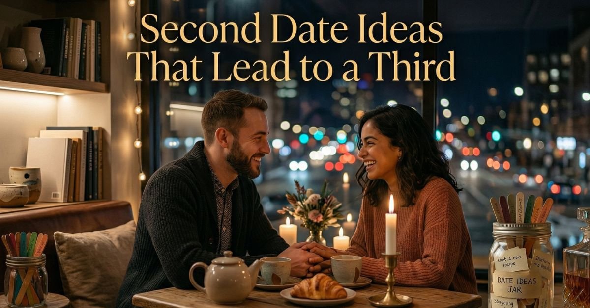 A couple enjoying a cozy second date at a café with warm lighting and a romantic atmosphere.