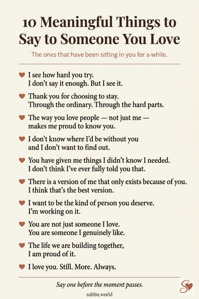 Clean infographic listing 10 meaningful things to say to someone you love including heartfelt phrases about gratitude love and pride