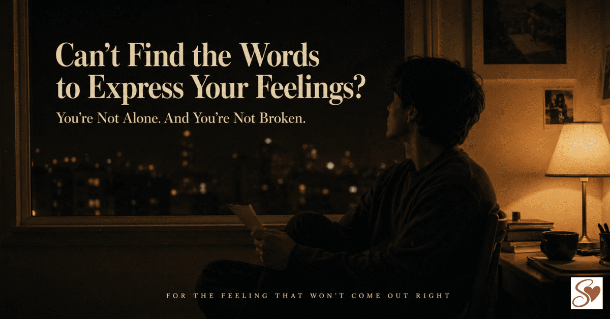 A person sitting alone near a window at night unable to find the words to express their feelings to someone they love