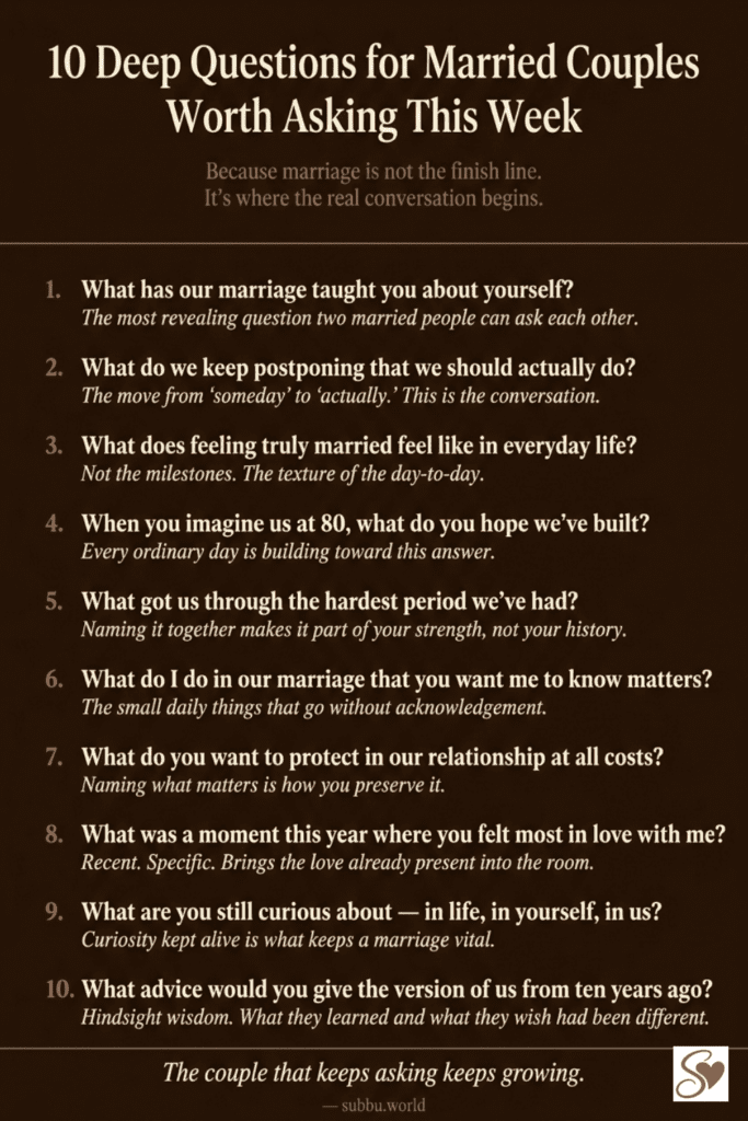 Dark romantic infographic listing 10 deep questions for married couples to strengthen their connection and keep the relationship growing