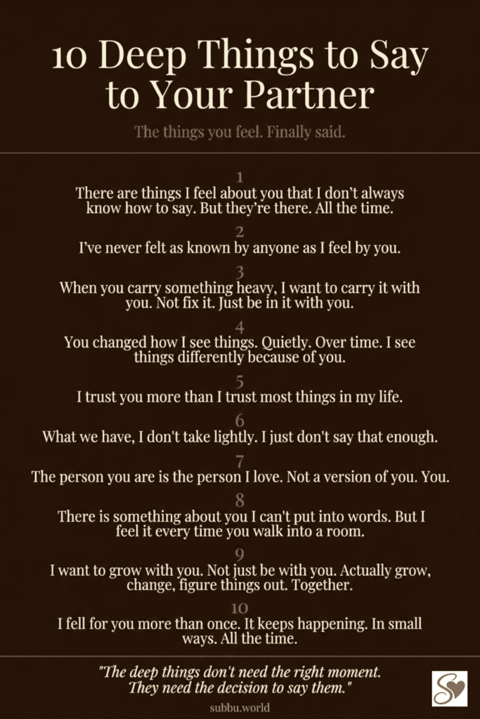 Dark warm infographic listing 10 deep things to say to your partner including honest emotional phrases about love trust and connection