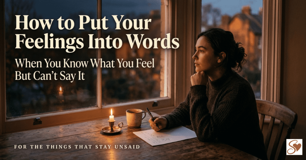 A person sitting at a desk near a window at evening unable to find the words to express their feelings to someone they love