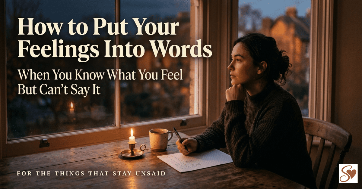 A person sitting at a desk near a window at evening unable to find the words to express their feelings to someone they love