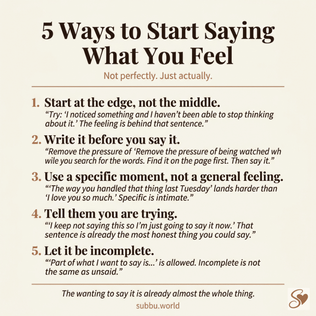 Infographic showing five practical ways to start putting your feelings into words when talking to someone you love