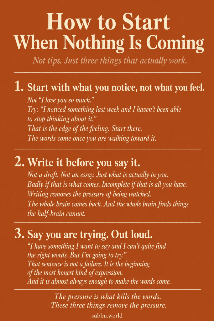 Terracotta infographic showing three ways to start expressing feelings when no words are coming including writing first and saying you are trying