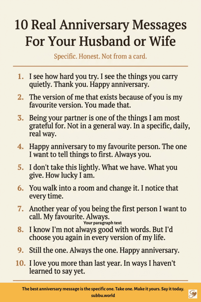 Clean infographic listing 10 real heartfelt anniversary message starters for husband or wife that are specific and honest not generic