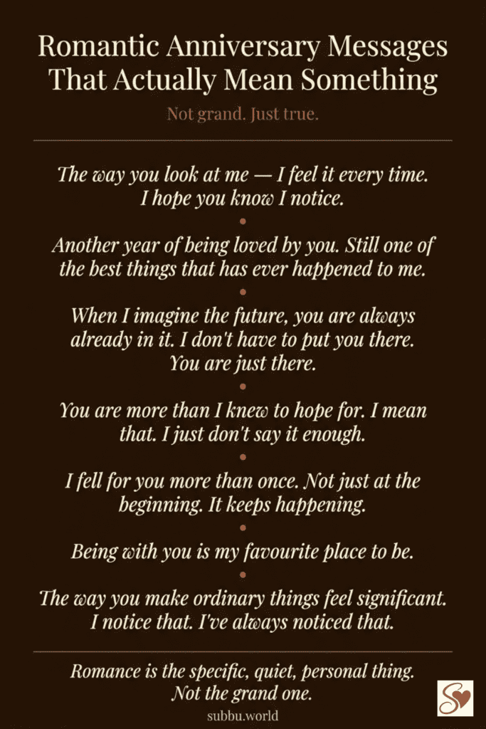 Dark romantic infographic showing seven romantic anniversary messages that use specific honest phrases rather than generic expressions