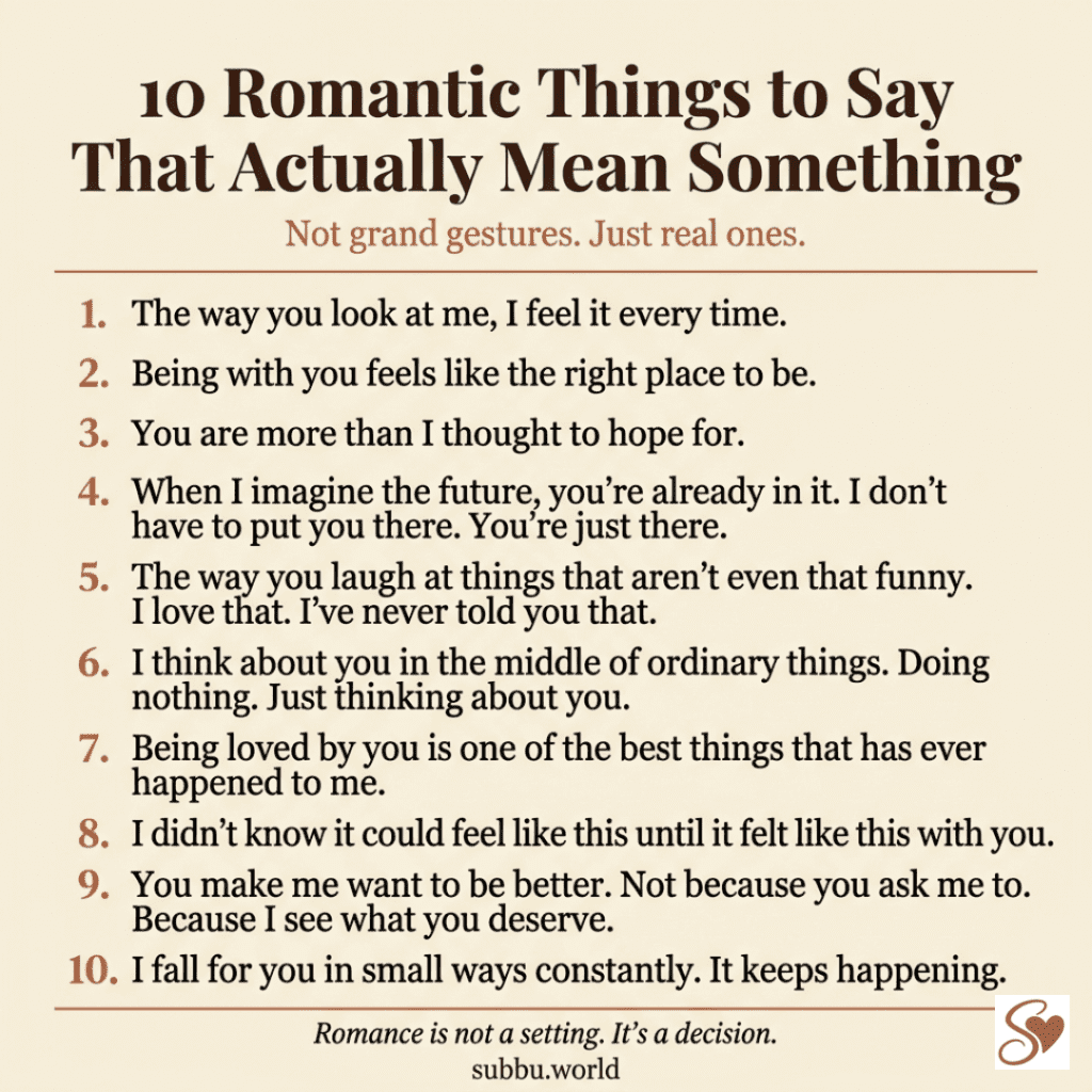 Cream infographic listing 10 romantic things to say to your partner that feel real and specific rather than generic or performative