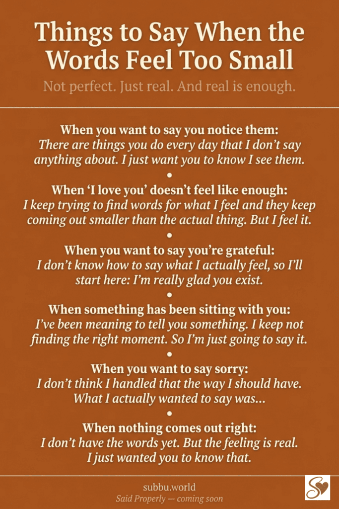 Terracotta infographic showing six real sentences to say to your partner when you can't find the right words to express your feelings