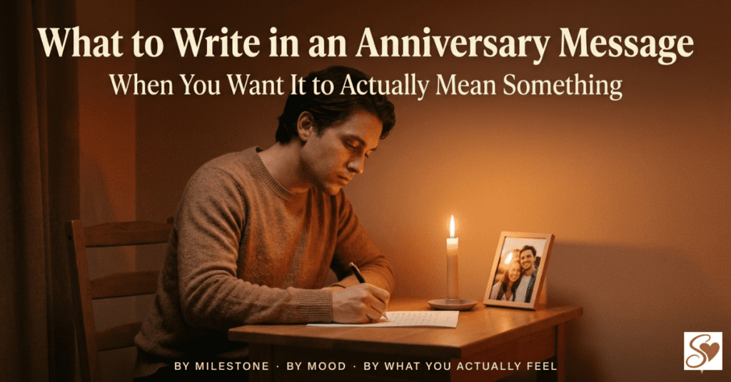 A person writing an anniversary message by candlelight at a small desk representing what to write in an anniversary message for a partner