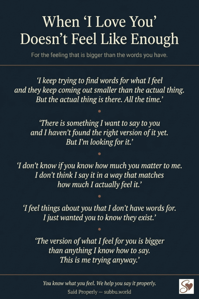 Dark intimate infographic showing five honest phrases for when I love you does not feel big enough to express what you feel